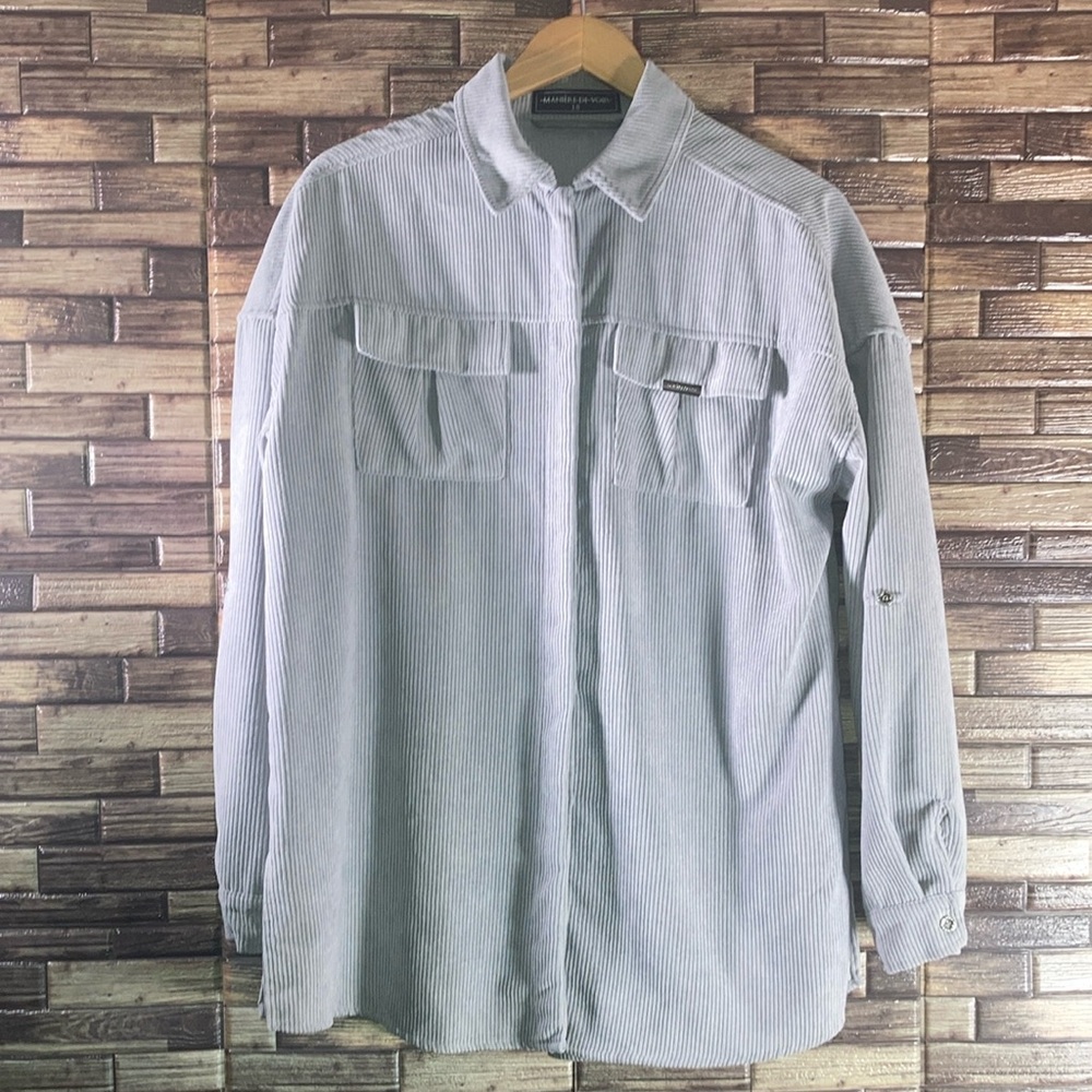 EUC Maniere De Voir Women’s Gray Corduroy Button Down Long Sleeve Shirt Size 10